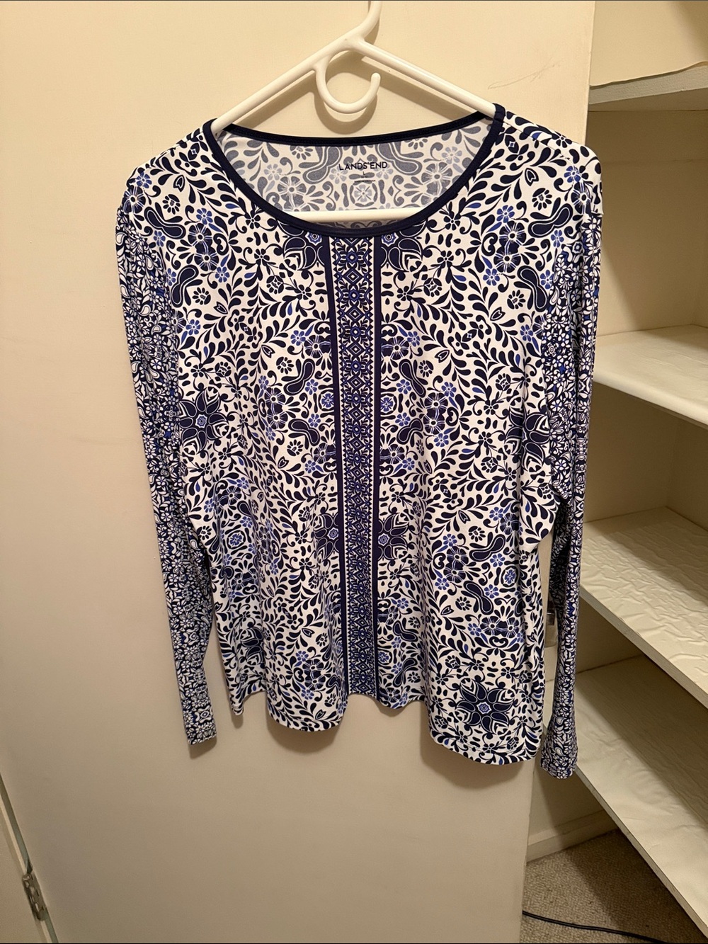 Lands' End Navy and White Floral-Print Long Sleeve Shirt with Center Panel